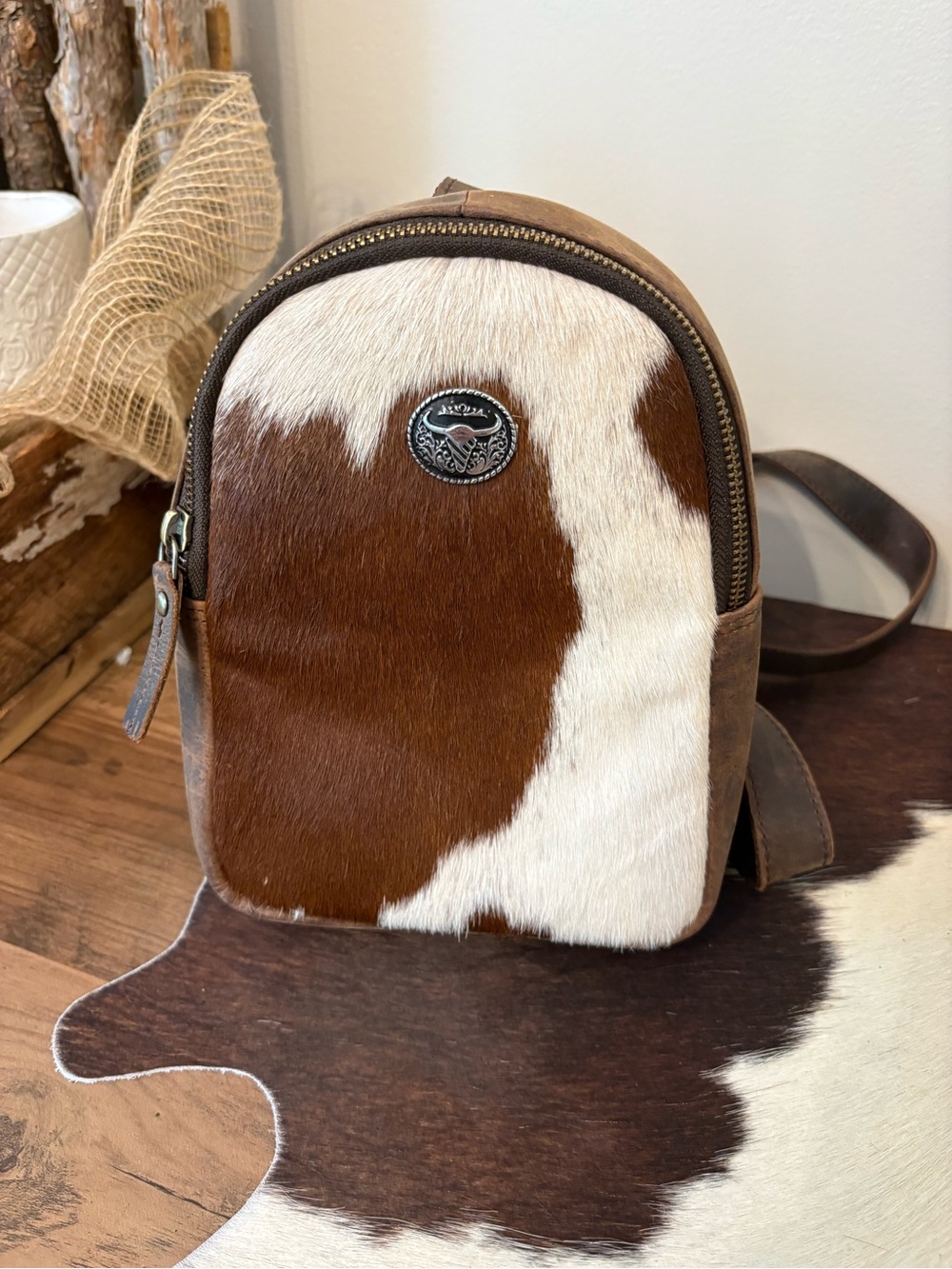 American Bison Cowhide Leather Mini Backpack Crossbody - Brown & White